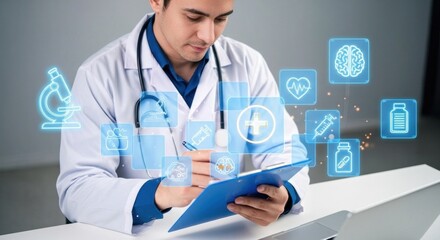 Doctor Interacting with Holographic Medical Icons and Health Data, Representing Digital Healthcare and Telemedicine Innovation