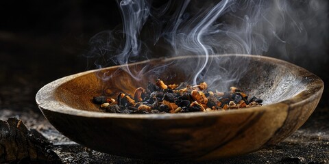 A wooden bowl filled with black and orange seeds, emitting a faint smoke, set against a dark background.