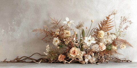A beautiful, naturalistic floral arrangement with a mix of dried and fresh flowers, including roses, lilies, and other dried plants, set against a neutral, textured background.