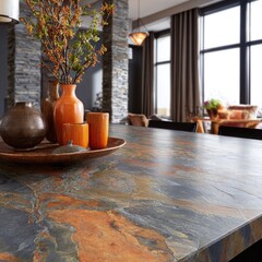 A modern kitchen island with a stone countertop and a vase of flowers on top.
