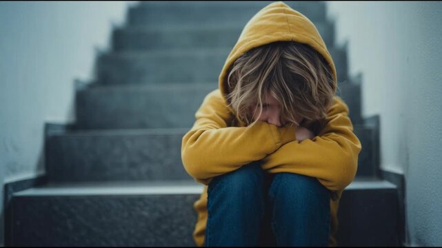 Child&rsquo;s posture and expression suggest deep thought and emotional weight, enhanced by the bright yet calm stairwell setting.