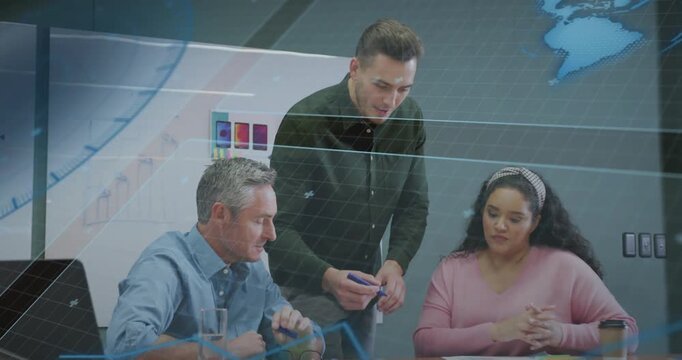 Team picking marker and sketching business planning diagram on table, projecting gridlines map