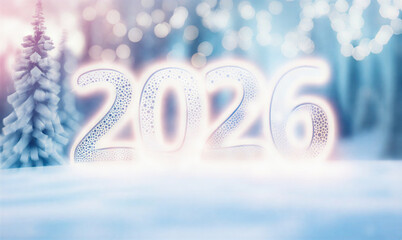 Glowing Year 2026 on Snowy Ground in a Festive Winter Landscape with Bokeh Lights