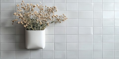 A white vase with dried flowers on a tiled wall.