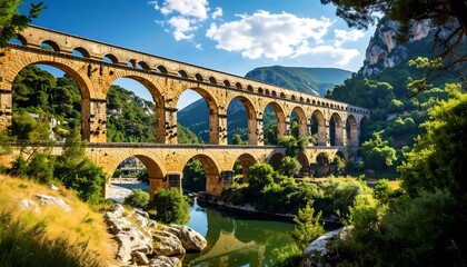 Ancient stone bridge spanning a valley, lush green landscape