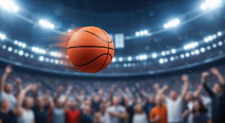 Dynamic basketball action with motion-blurred ball flying through a brightly lit sports arena over an excited, cheering crowd of fans during a game.