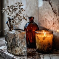 A warm, cozy candle with a golden amber glow sits on a marble surface, casting a soft, inviting light. 