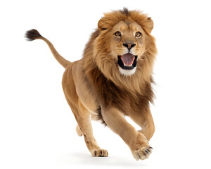 A majestic male lion with a full mane running forward on a white background with mouth open wide
