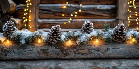 A rustic wooden cabin with a festive garland of pine cones and lights, set against a warm, blurred background of twinkling lights and wooden beams.
