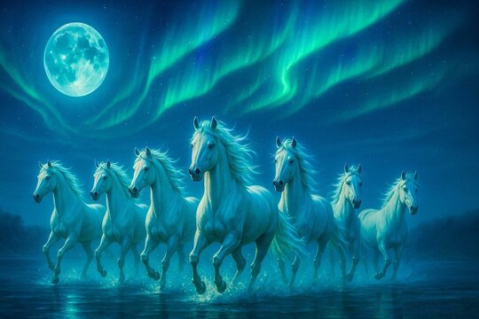 Seven Horse blue sky and clouds Ai Genreted Photo 