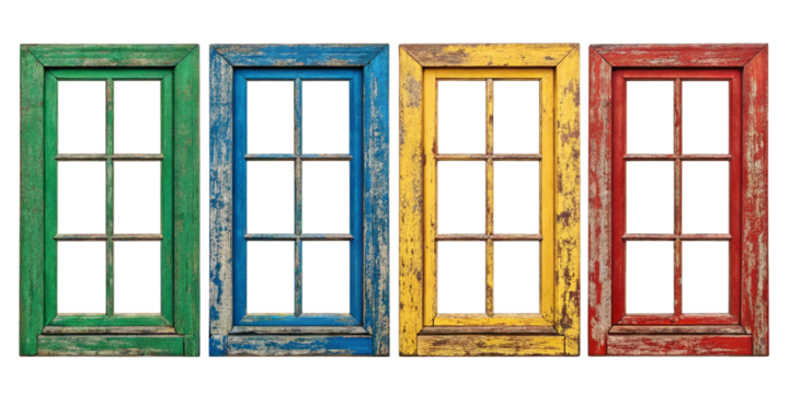 Four rustic vintage wooden windows in green, blue, yellow, and red with chipped paint on transparent background
Colorful shabby chic wooden window frames, weathered and aged in a row on isol