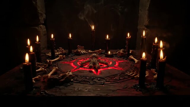 Mysterious occult ritual with a voodoo doll on a dark altar surrounded by burning black candles and bones