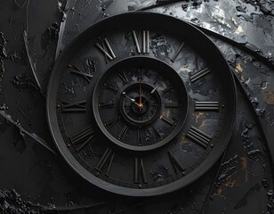 A dark, textured clock with Roman numerals