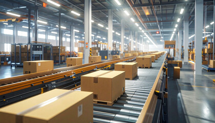 Automated conveyor belt system with cardboard boxes moving through a modern warehouse for efficient distribution and shipping