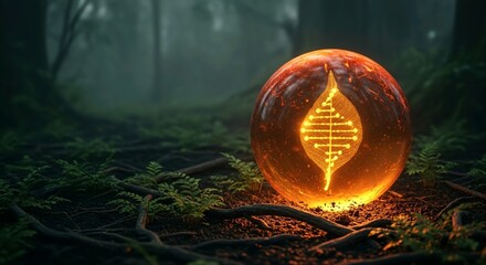 Fantasy concept of a glowing orb containing the source of life, resting on a mossy forest floor