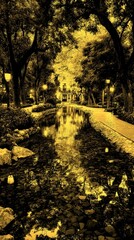 Serene evening stroll along the tranquil waterway in a garden setting during autumn