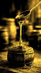 syrup drips from a wooden spoon into a rustic barrel surrounded by blurred background of barrels