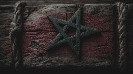 Wooden surface with distressed paint featuring a star symbol representing Morocco - Low Contrast