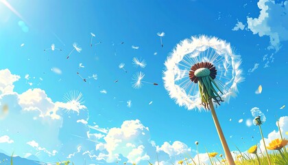 A vibrant animated scene of a dandelion clock against a bright, sunny sky, with floating seeds. Lush grass and yellow flowers are visible