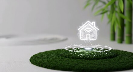 Green technology and sustainable living concept featuring a digital smart home icon glowing over natural moss