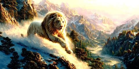 Majestic white lion leaping through a snowy mountain landscape at sunrise in a breathtaking natural setting - High Contrast