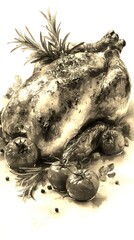 Succulent roasted chicken garnished with herbs and tomatoes on a background