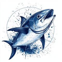 Blue fish illustration showcasing fine details and vibrant colors on a white background, suitable for marine artwork enthusiasts