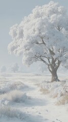 Snow-covered landscape featuring a majestic tree under a clear blue sky during winter - Low Contrast