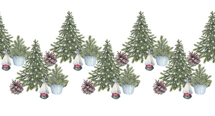 Watercolor seamless border with Christmas tree with gold garland on white background. Evergreen fir and pine cone for sticker or card. Hand-drawn rim for New Year celebration wrapping or wallpaper