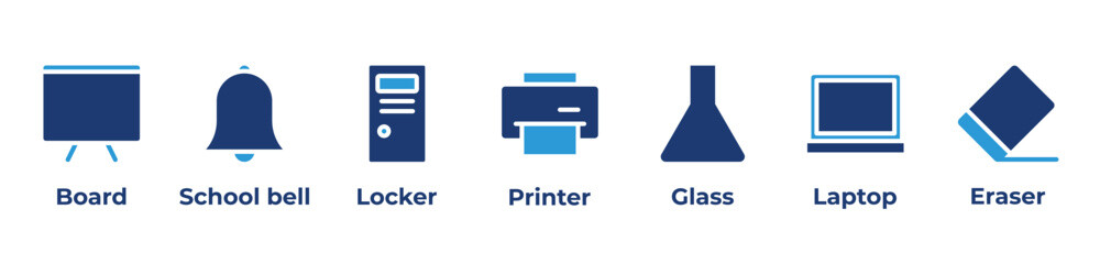 Tools and Moments of Learning Icons set vector illustration blue with Board, School bell, Locker, Printer, Glass, Laptop, Eraser