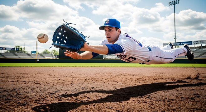 Baseball player diving for a catch He ' s stretched out in the air with a baseball flying towards his outstretched glove on the baseball field - Powered by Adobe