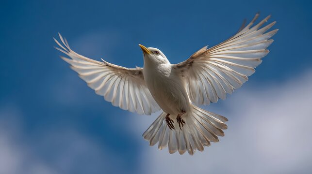A striking bird with pristine white plumage, complemented by vibrant blue and yellow facial markings, soars gracefully against a backdrop of a bright, clear, and expansive blue sky, showcasing wings - Powered by Adobe