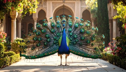 A magnificent peacock displays its vibrant plumage in a sun-drenched garden setting, showcasing a beautiful array of blues, greens, and golds.