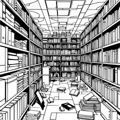 Minimilist illustration of a library interior with overflowing bookshelves and scattered books on the floor space vector © MuhammadNajafAli