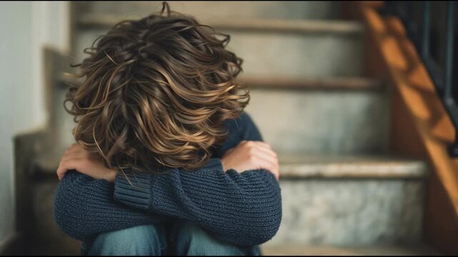 Child seated on a staircase, head bowed and arms wrapped around legs, symbolizing silent mental health struggles.