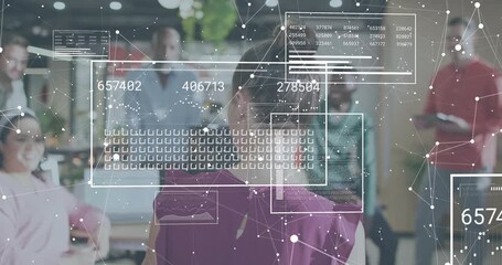 woman presenter raising hands in office initiating digital UI panels displaying business metrics - Powered by Adobe