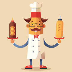 cute hot dog chef character holding ketchup and mu (2).eps