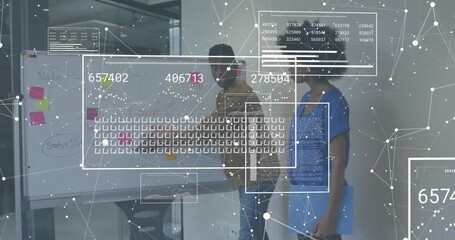 Business professionals picking marker and placing notes, displaying data overlay updating metrics - Powered by Adobe