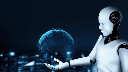 AI robot huminoid uses cloud computing technology to store data on online server . Futuristic concept of cloud information storage analyzed by machine learning process . 3D rendering . - Powered by Adobe