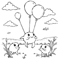 Minimilist cartoon illustration of three round characters with balloons in a grassy landscape with clouds vector
