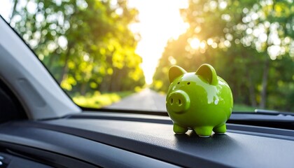 Green Piggy Bank on Car Dashboard Saving for Road Trip or Vacation Concept.