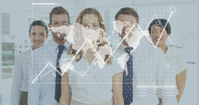 Business team analyzing as world map overlay appearing in office showing rising graph nodes pulsing