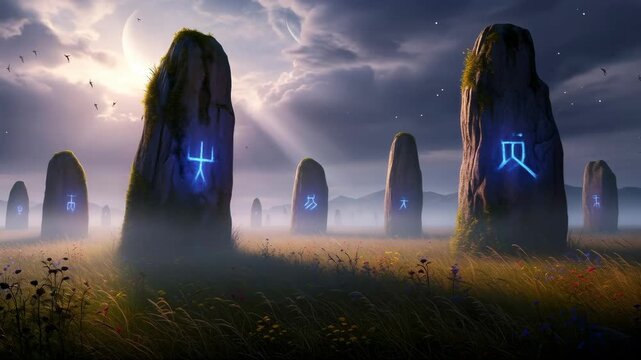 Ancient glowing runestones in a mystical field at dusk. Historical monument revealing secrets of an extinct civilization footage.