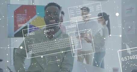 Seated data analyst reacting to tablet tap while panels animating over desk enabling collaboration - Powered by Adobe