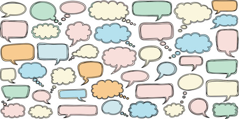 A diverse collection of hand-drawn doodle speech and thought bubbles in pastel colors, representing conversation, ideas, and communication