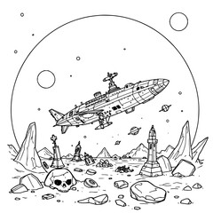 Minimilist a spaceship flies over a desolate landscape with ruins and a skull under a large planet in the sky vector