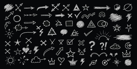 Collection of Hand-Drawn Scribble Arrows, Symbols, Icons, and Design Elements on a Black Background