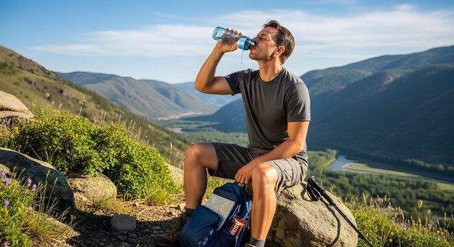 Hiker taking a water break A man drinks from a water bottle while resting on a mountaintop with a scenic valley view behind him