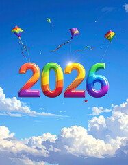 Happy New Year 2026 Rainbow Kites Flying in Sky.