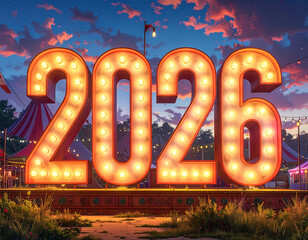 Bright illuminated 2026 sign at a carnival at dusk.